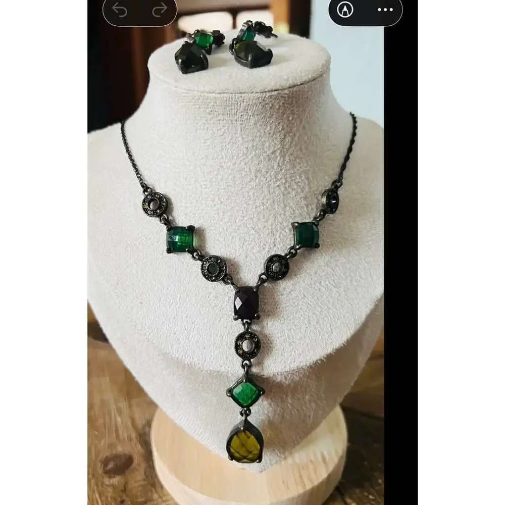 Vintage Green and Dark Stone Necklace and Earring Set